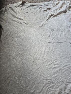 J Crew V-Neck Linen T Shirt Pocket Shirt in Light Tan W Gold Sparkle/glitter